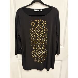 Susan Graver Liquid Knit Yellow Black Laser Cut Tunic Top Sz Large Geometric